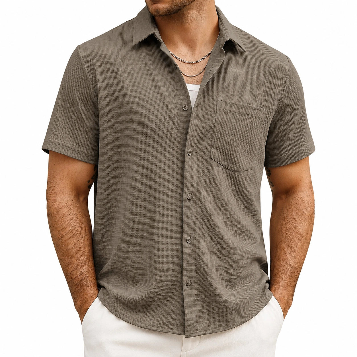 Camicia da uomo taglia M grigio tortora a maniche corte con tasca frontale stile casual
