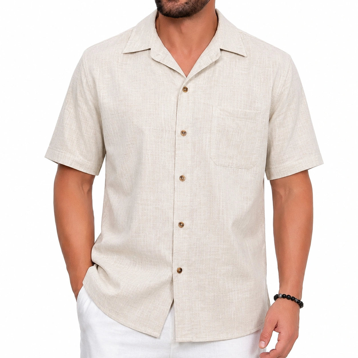Camicia uomo M beige a maniche corte in tessuto effetto lino - stile casual