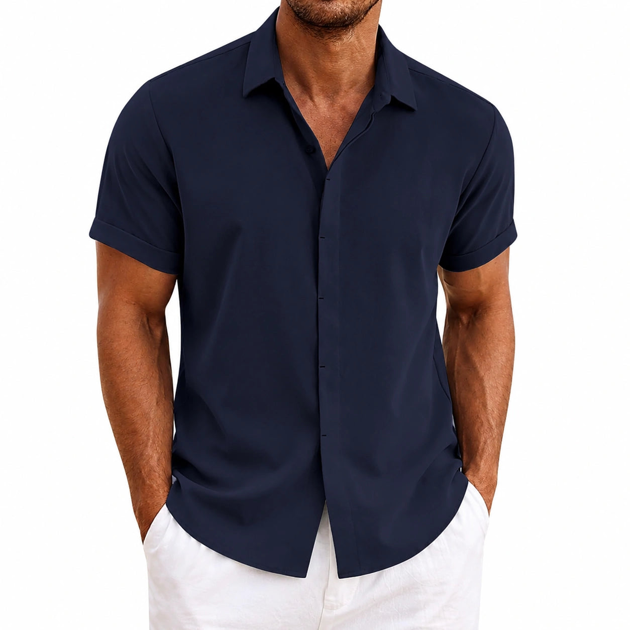 Camicia da uomo taglia M in tessuto leggero blu navy a manica corta stile casual