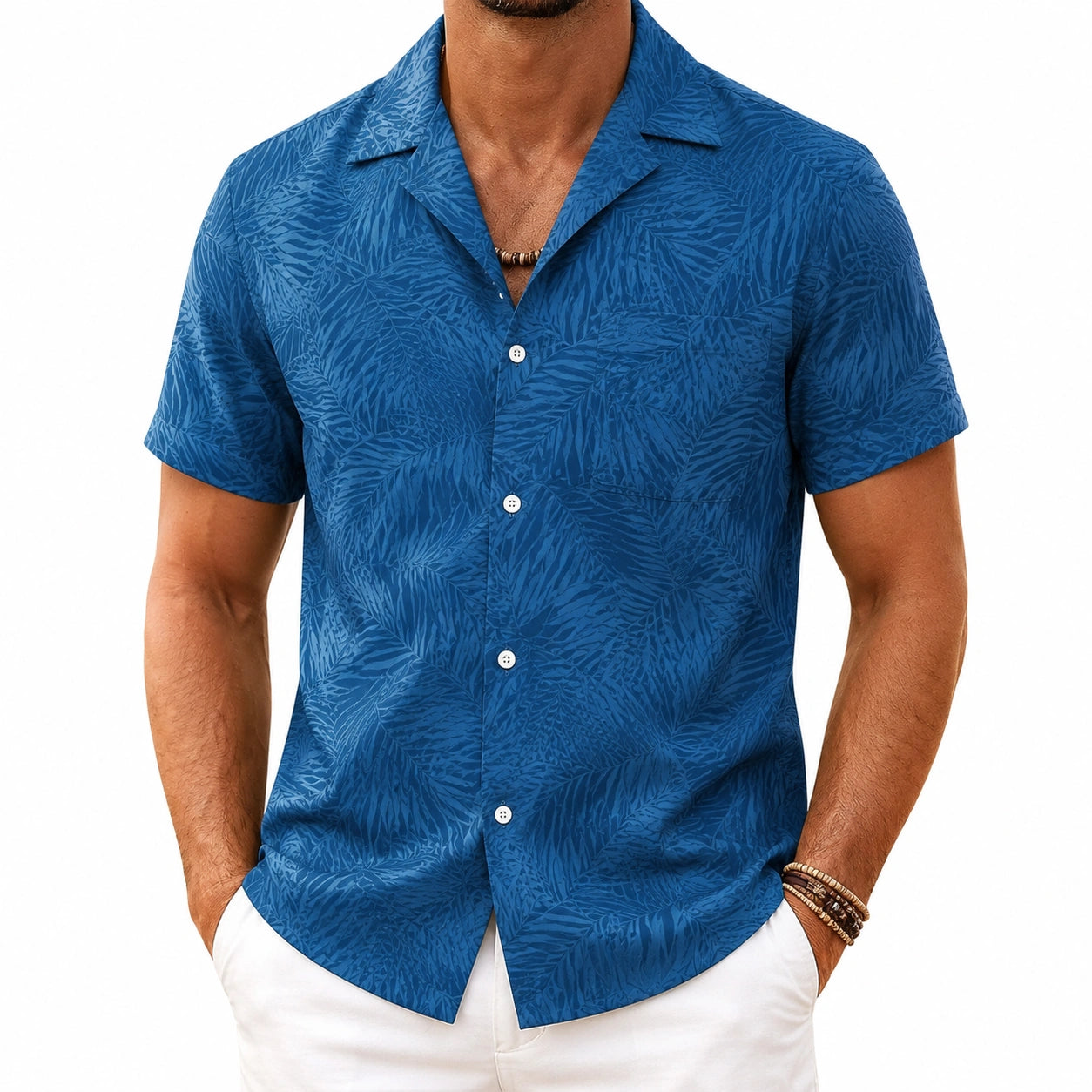 Camicia uomo M blu con stampa foglie a maniche corte stile casual