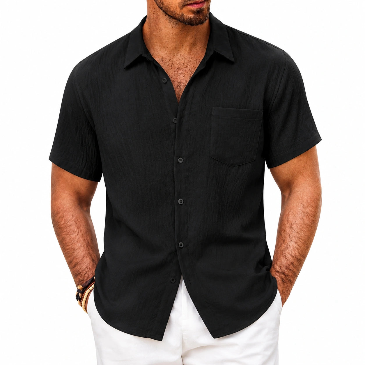 Camicia uomo taglia L in tessuto nero a maniche corte stile casual