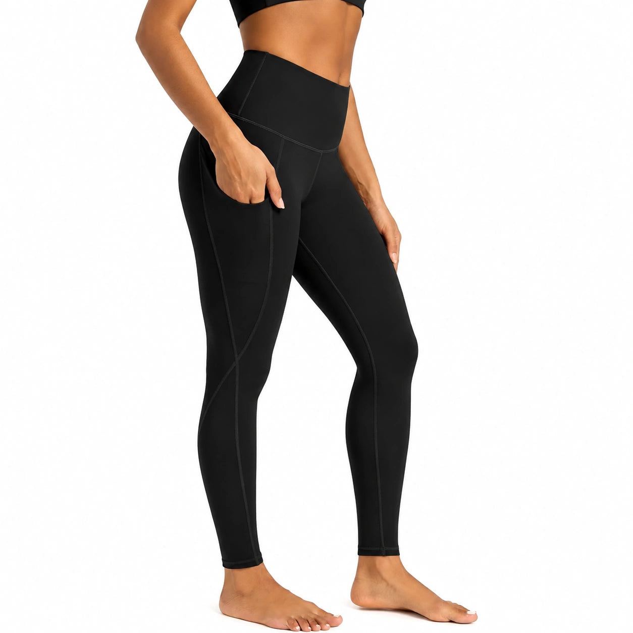 Leggings sportivi donna taglia S in tessuto elasticizzato nero a vita alta con tasca