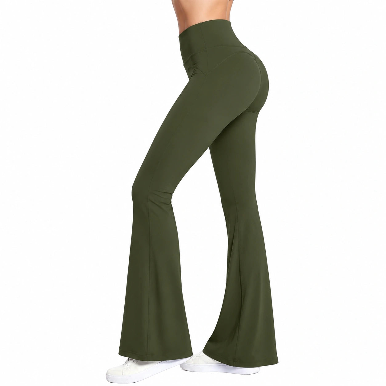 Pantaloni a zampa da donna taglia S in tessuto elasticizzato verde oliva a vita alta