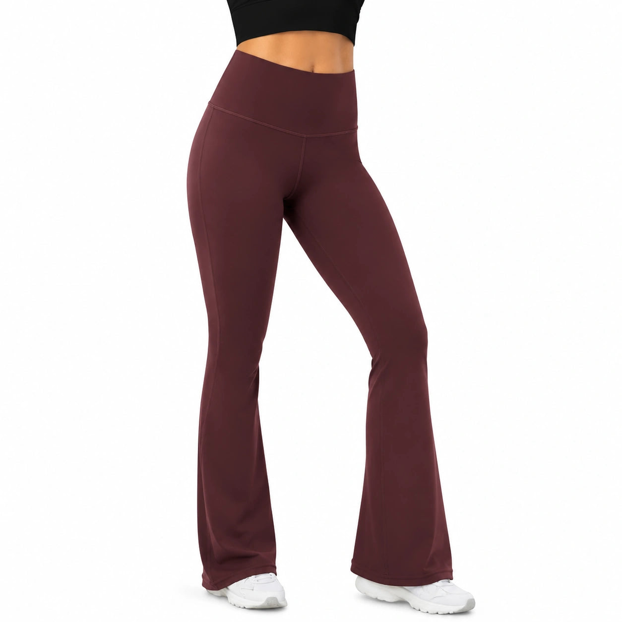 Leggings sportivi donna taglia M in tessuto elasticizzato bordeaux a vita alta con gamba svasata