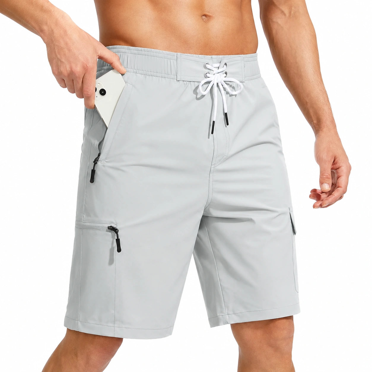 Pantaloncini cargo uomo M grigio chiaro in tessuto sintetico con tasche con zip