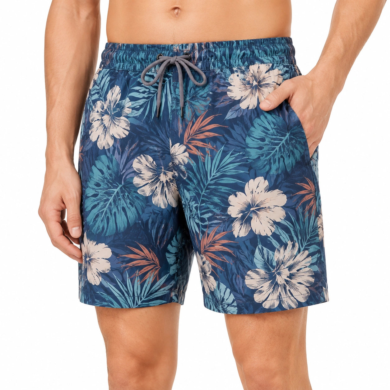 Costume da bagno uomo taglia M blu con stampa floreale e tasche