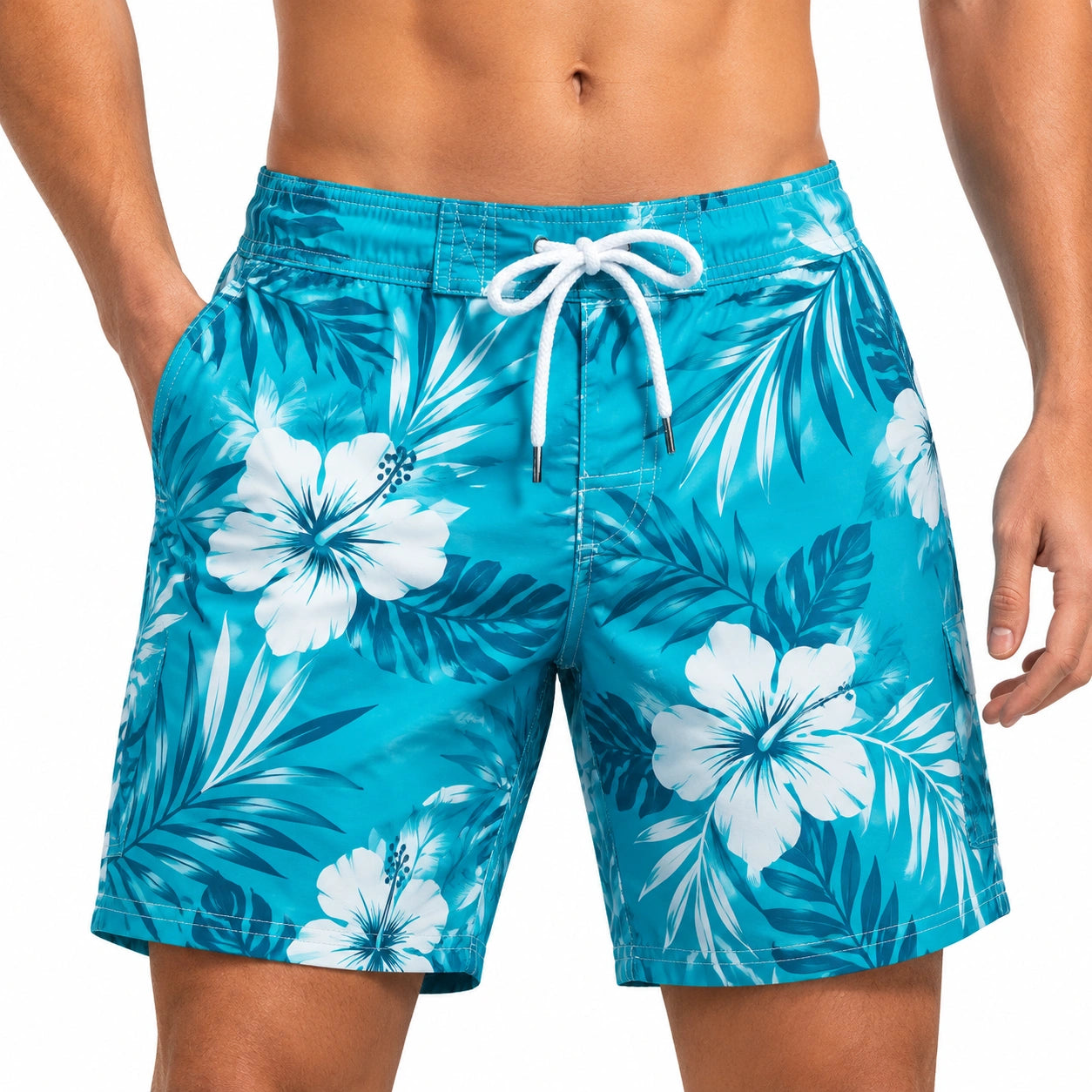 Costume da bagno uomo taglia L turchese con stampa floreale e coulisse