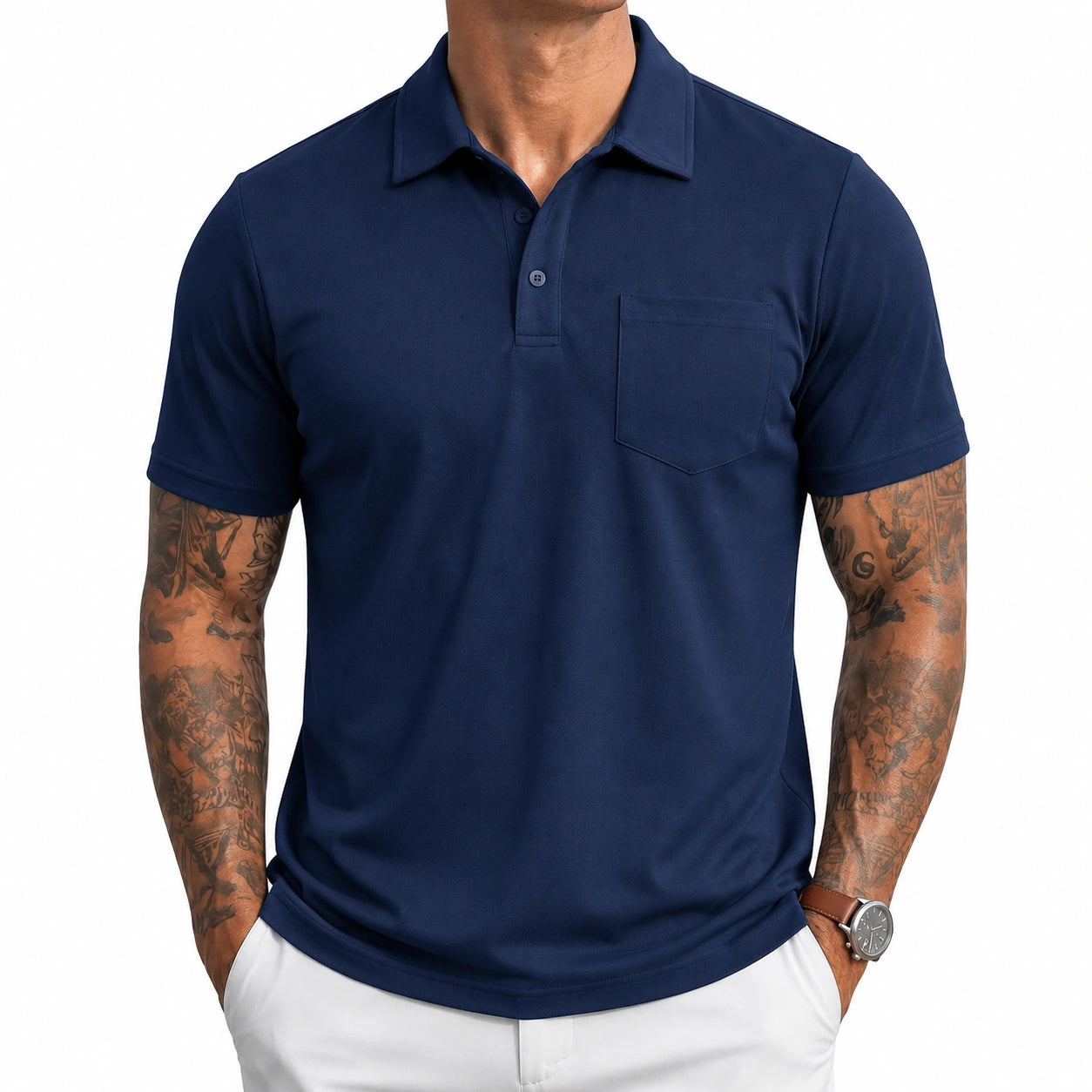 Polo da uomo taglia L in tessuto a maglia blu navy con taschino stile casual