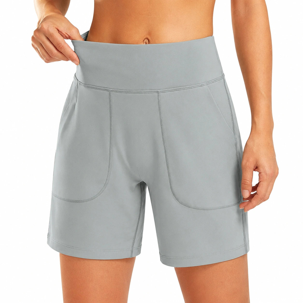 Pantaloncini donna S in tessuto elasticizzato grigio a vita alta con tasche per sport
