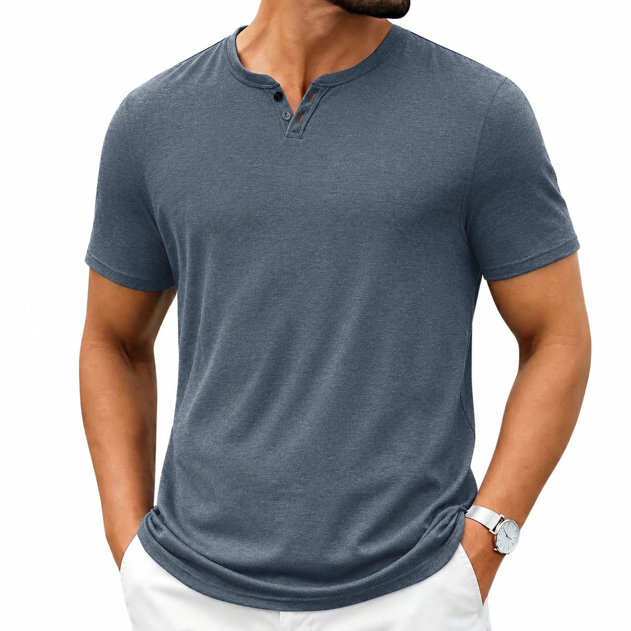 Maglia uomo taglia M blu ardesia in tessuto a maniche corte con collo serafino