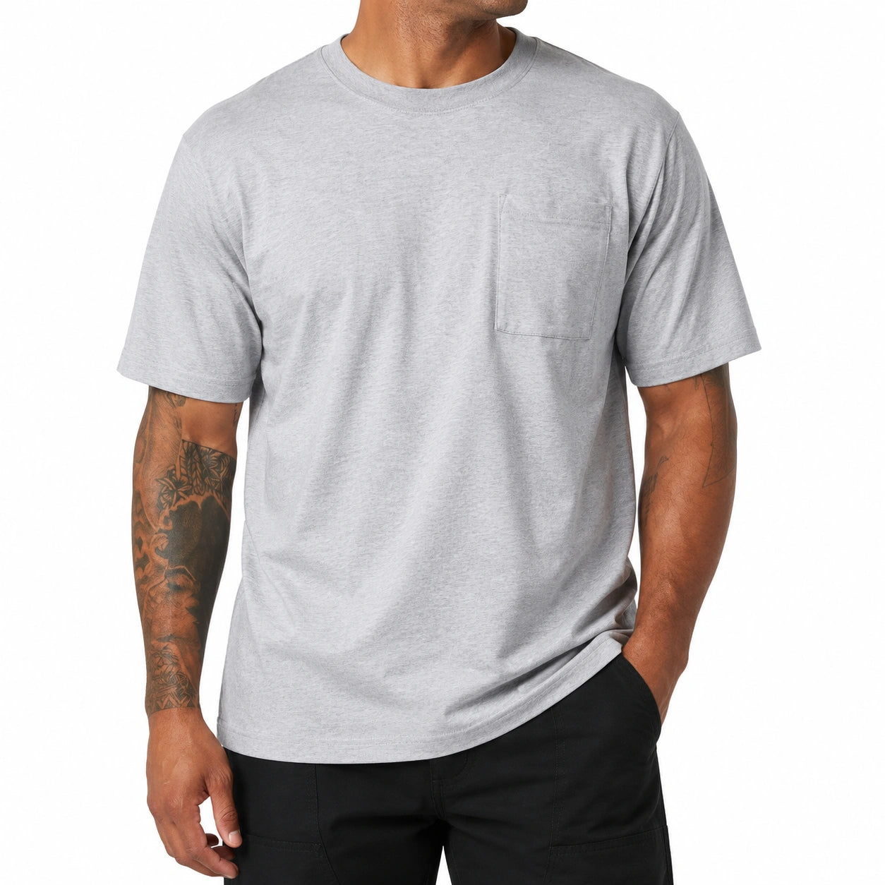 T-shirt uomo M in tessuto grigio chiaro con taschino - girocollo a maniche corte