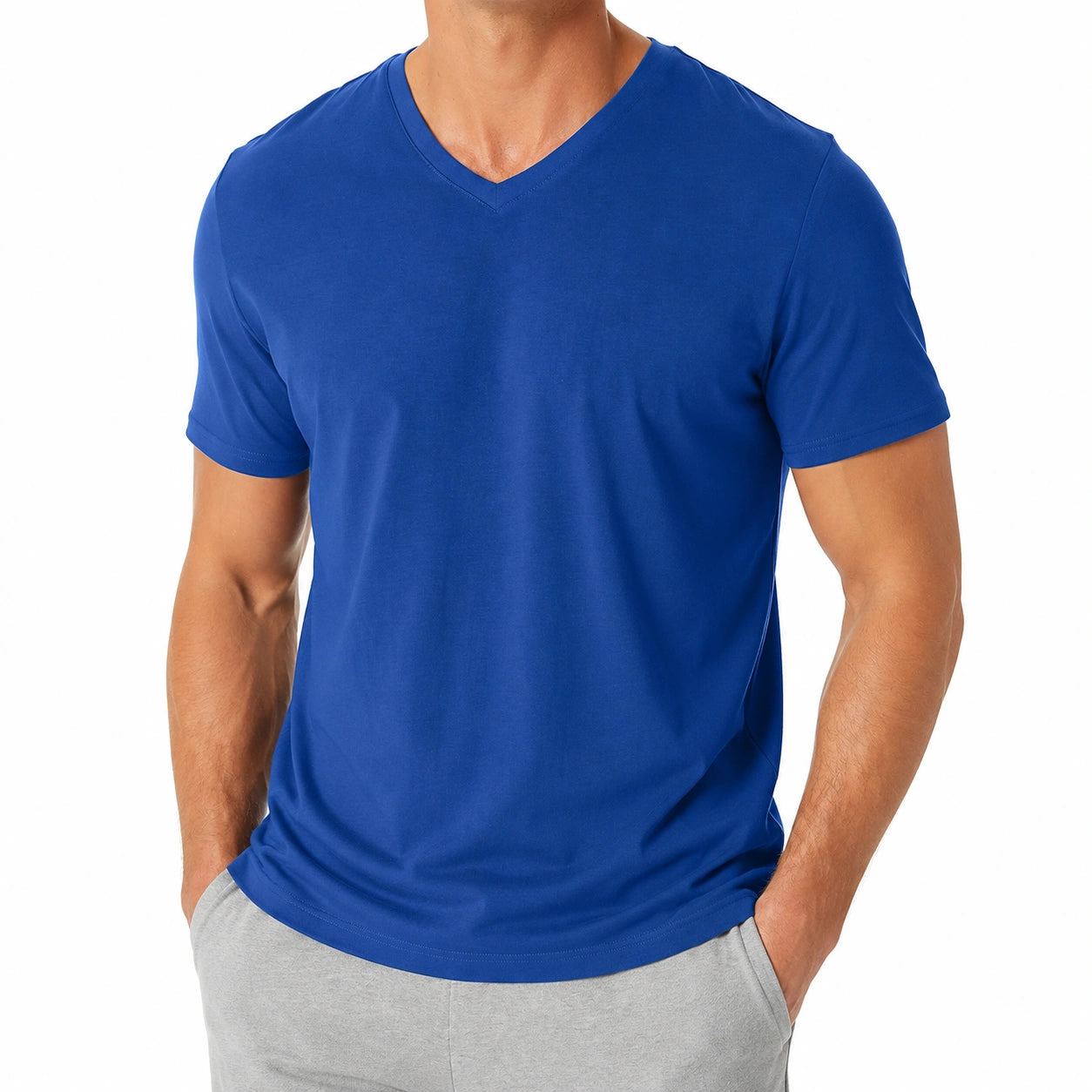 T-shirt uomo taglia L in tessuto sintetico blu con scollo a V a maniche corte