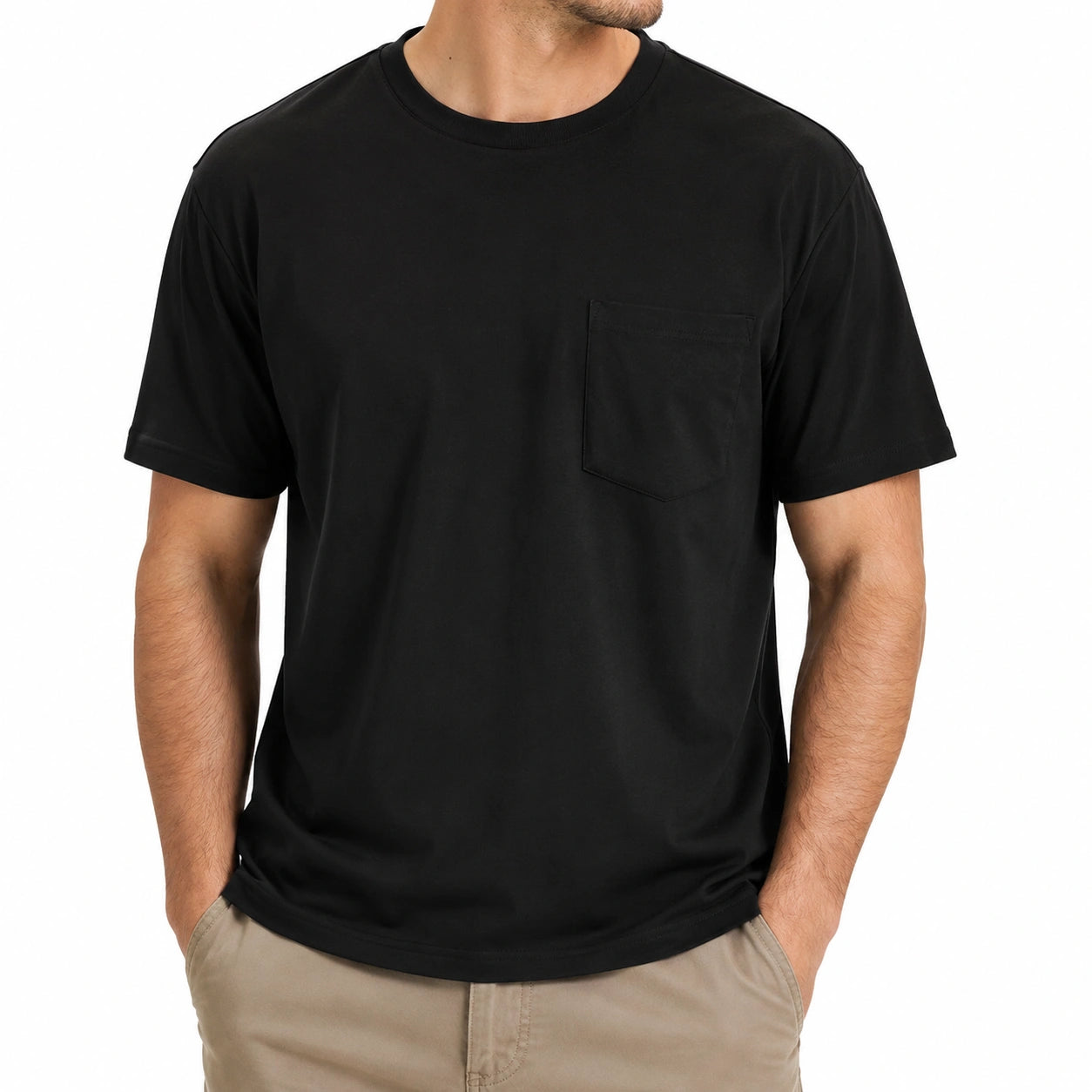 T-shirt da uomo taglia L in cotone nero con taschino a manica corta
