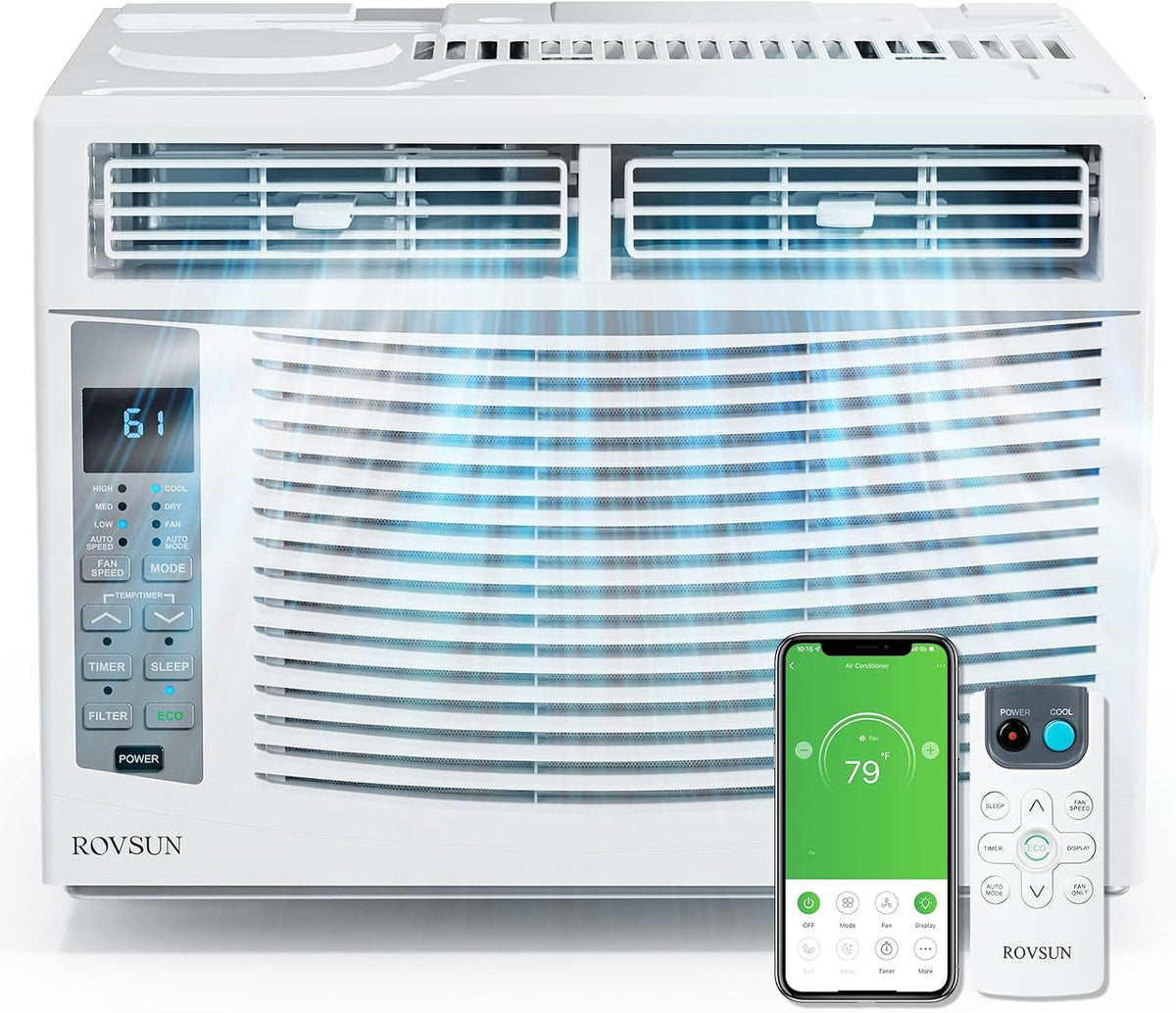 Condizionatore, ROVSUN, 6000 BTU, 110 V, 40,6 x 38,6 x 31,8 cm, Bianco, telecomando, timer