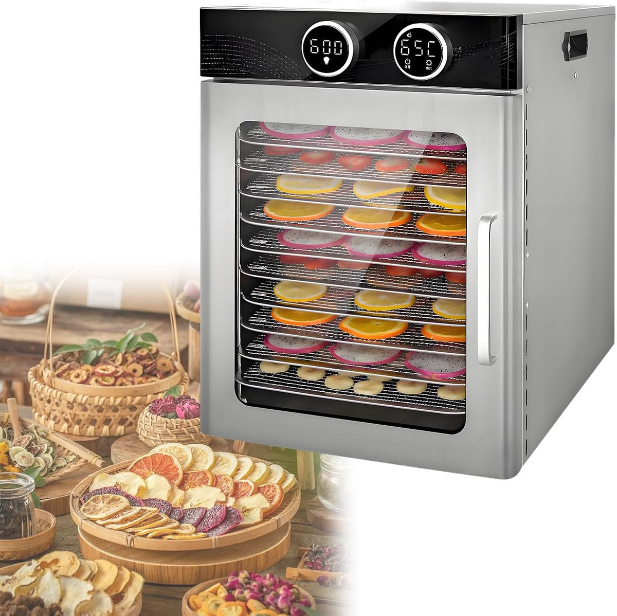 AETEREOS, Essiccatori per alimenti, 29 x 29 cm, 800 W, 30 °C, Argento, acciaio inox, timer
