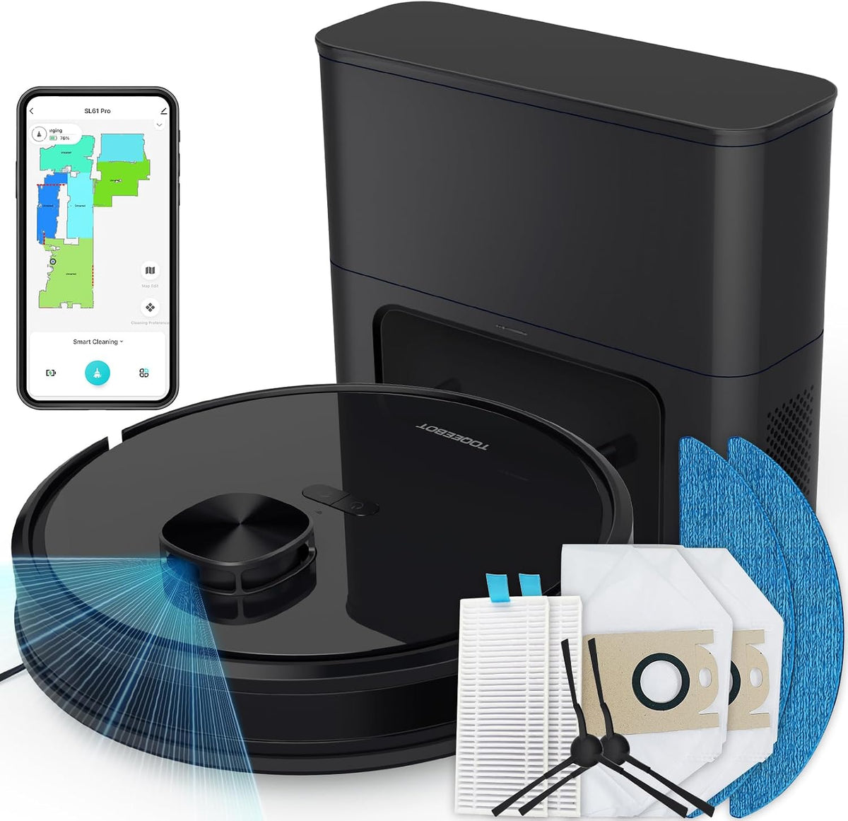 TOQEEBOT, Robot aspirapolvere, 2,5 l, 8 M, 2,4 G, Nero, autopulizia, 3 in 1