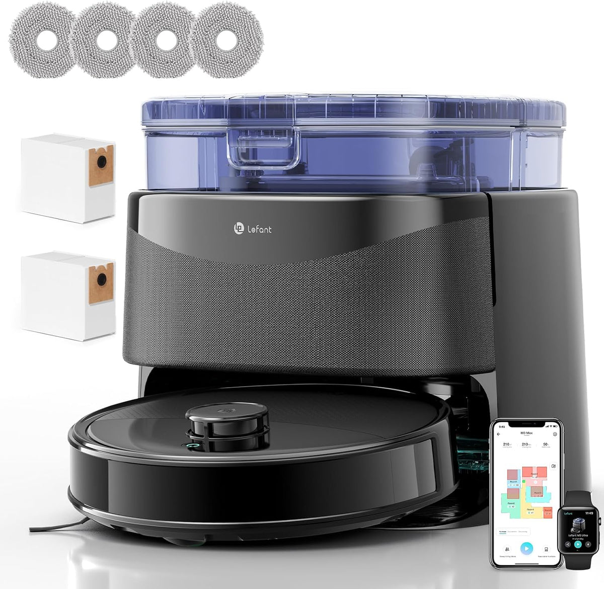 Lefant, Robot aspirapolvere, 2.4G/5G, 3,2 L, 75°C, 2.4 G, Nero, Wi-Fi