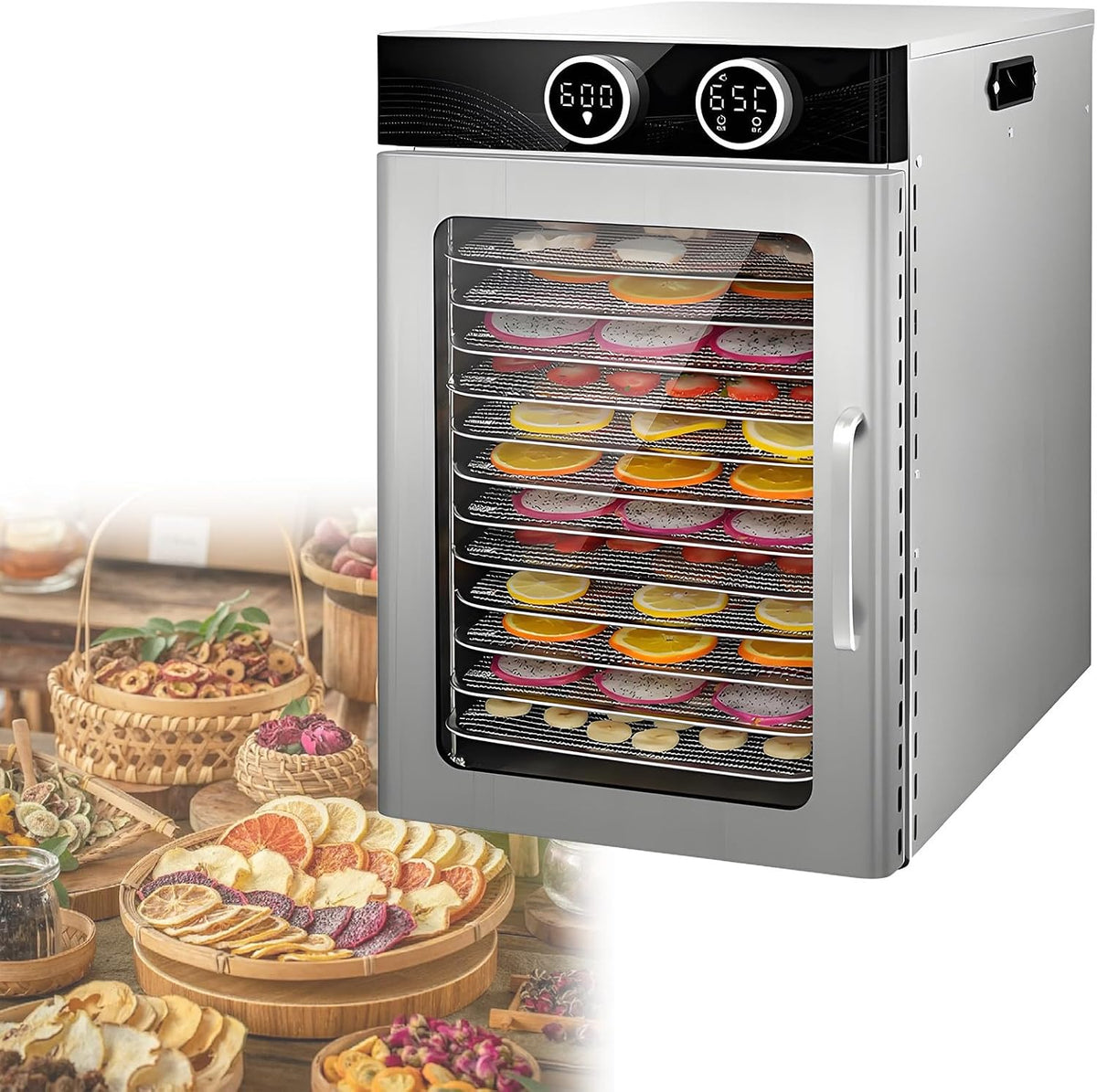 AETEREOS, Essiccatori per alimenti, 30x28 cm, 30-90 °C, 800 W, Argento, acciaio inox, timer, spegnimento automatico