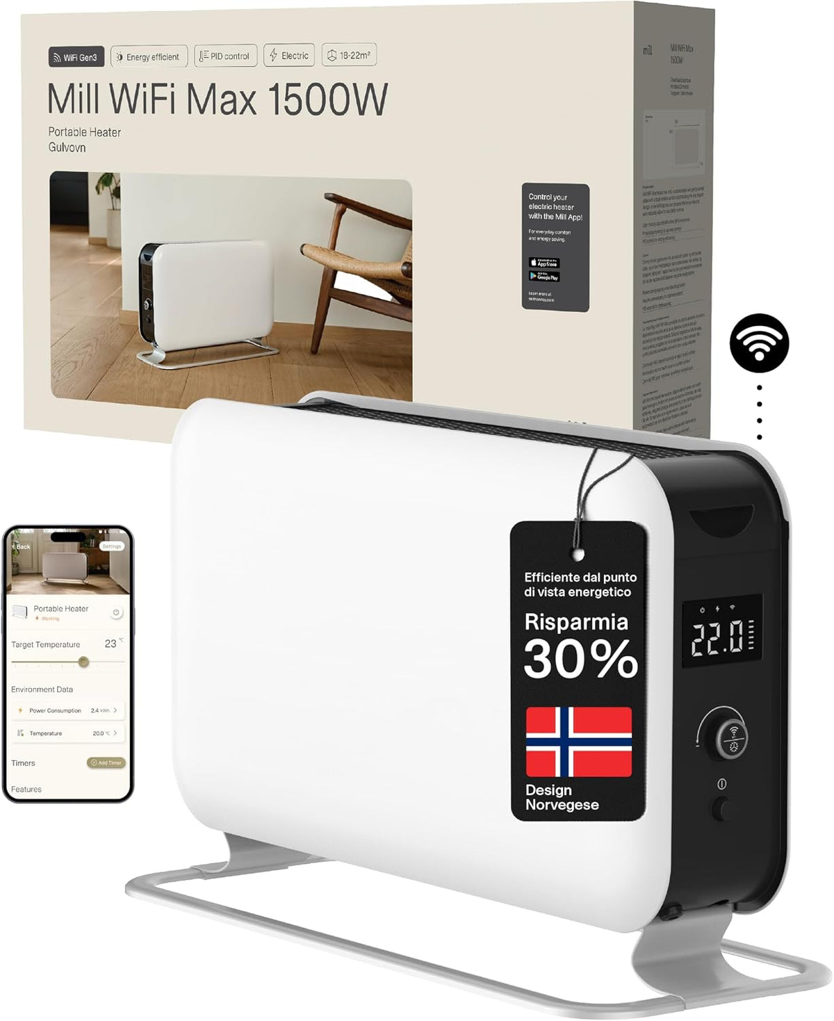 Mill, Stufe elettriche, 1500 W, 22 m, Nero, Wi-Fi