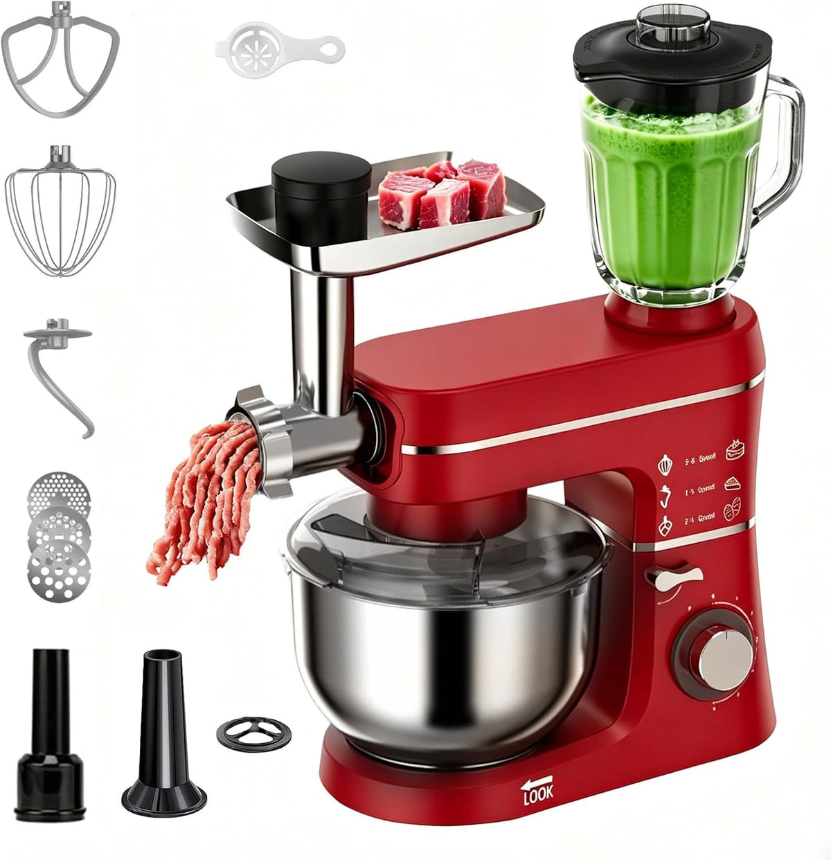 LURECAQING, Impastatrice planetaria, 10 L, 1400 W, 17x42x53 cm, Rosso, acciaio inox, struttura modulare, protezione dal surriscaldamento, 5 in 1