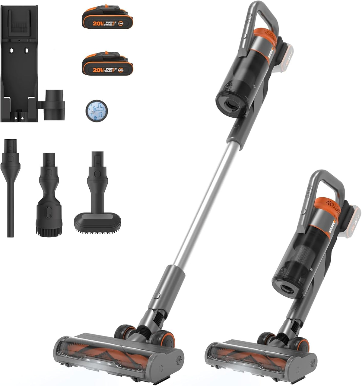 WORX, Aspirapolvere, WX038, 20 V, 25 kPa, 2,5 kg, Nero, vano contenitore, illuminazione LED, funzionamento senza fili