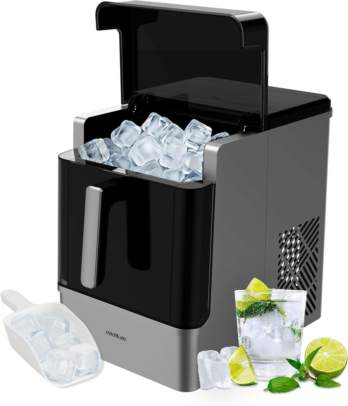 Cecotec, Macchina per cubetti di ghiaccio, 23 kg/24h, 2 L, Grigio, vano contenitore