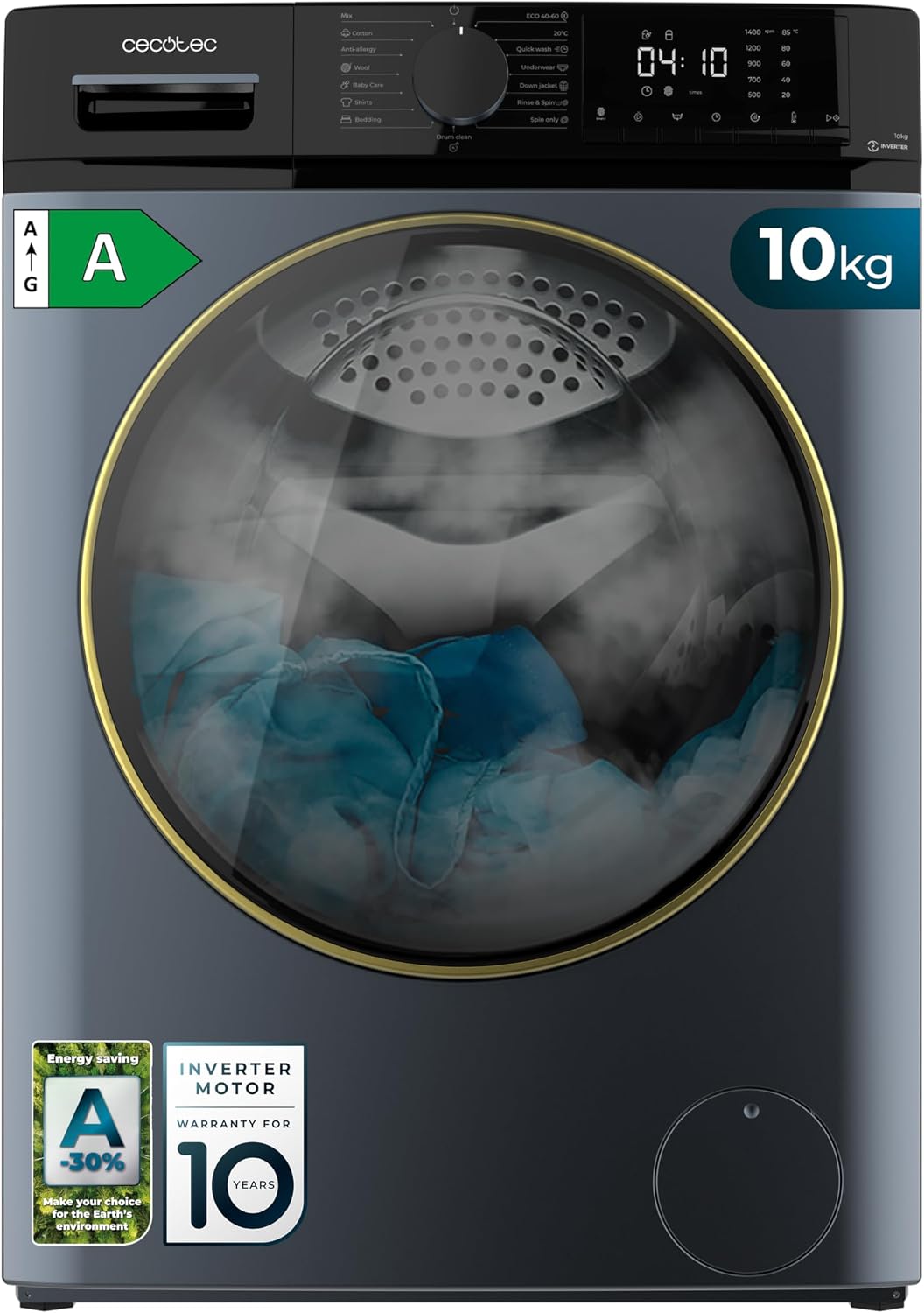 Cecotec, Lavatrice, 1400RPM, 10 Kg, 2000 W, Blu, motore inverter
