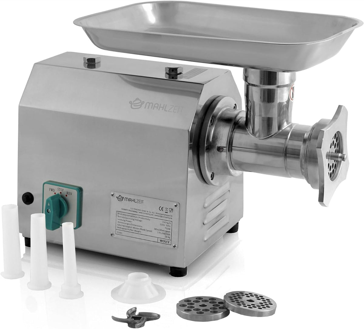 Mahlzeit, Tritacarne, 38,5 x 24 x 41,5 cm, 750 W, 150 kg, Argento, acciaio inox