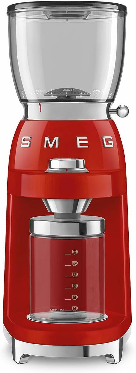 Macinacaffè elettrici con cono, CGF11RDEU, Smeg, 350 g, 150 W, 0x38,5x22,0 cm, Rosso, acciaio inox, vano contenitore, 8 funzioni