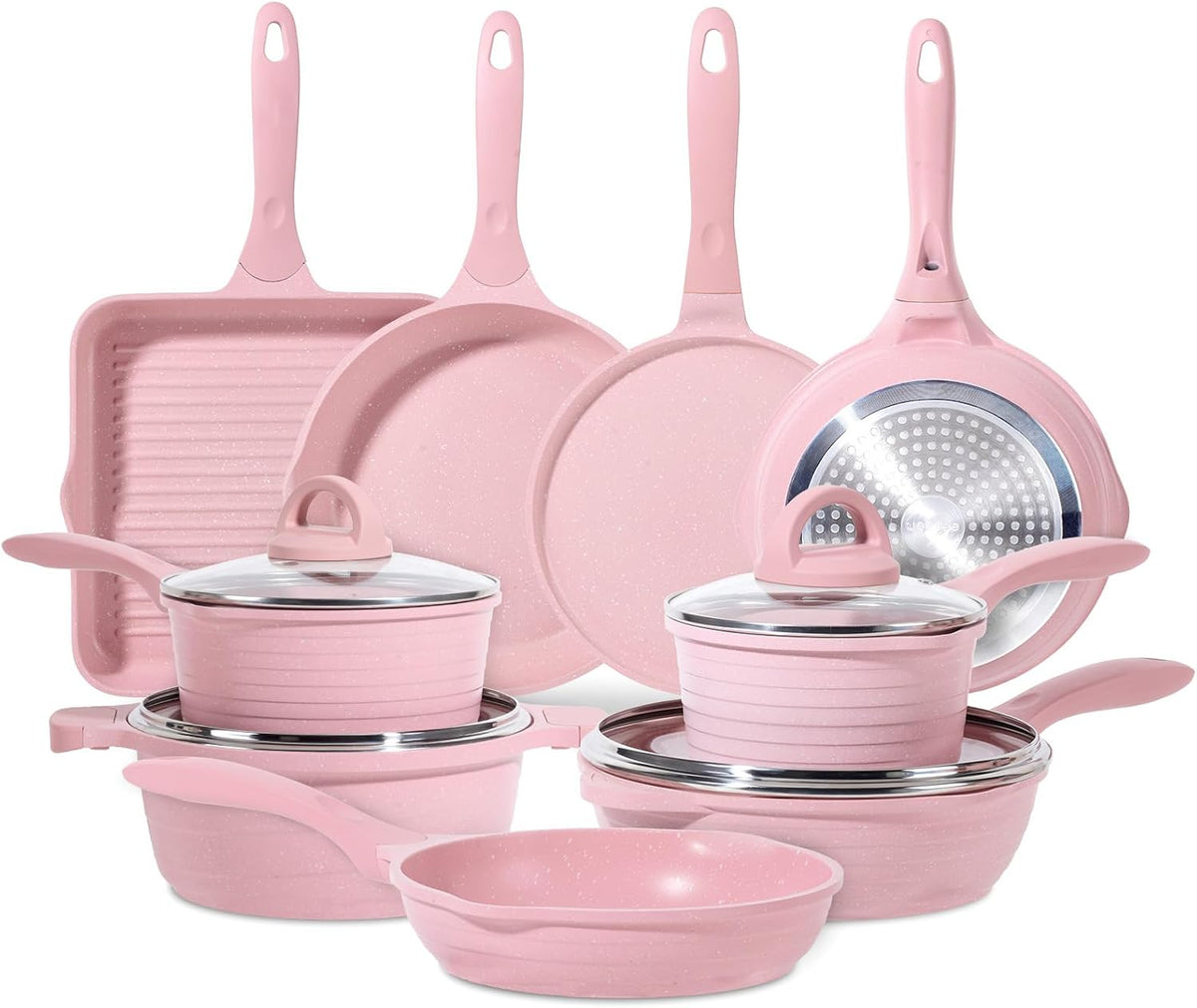 JEETEE, Set di padelle, 28 cm, 20 cm, 24 cm, Rosa