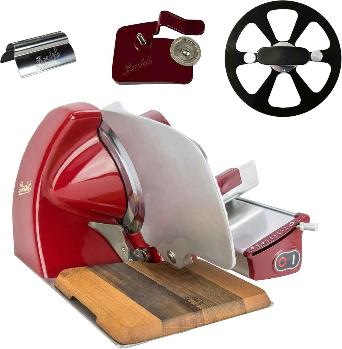 Berkel, Affettatrice, 230 V, Rosso, alluminio, struttura pieghevole, illuminazione LED, spegnimento automatico