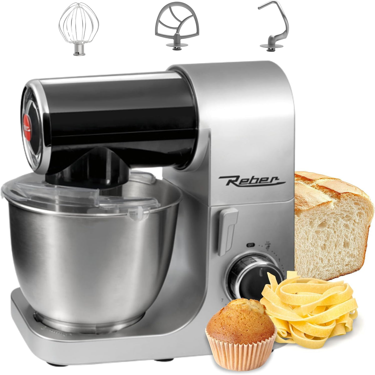 Reber, Impastatrice planetaria, 6 L, 1500 W, 2 kg, Argento, acciaio inox