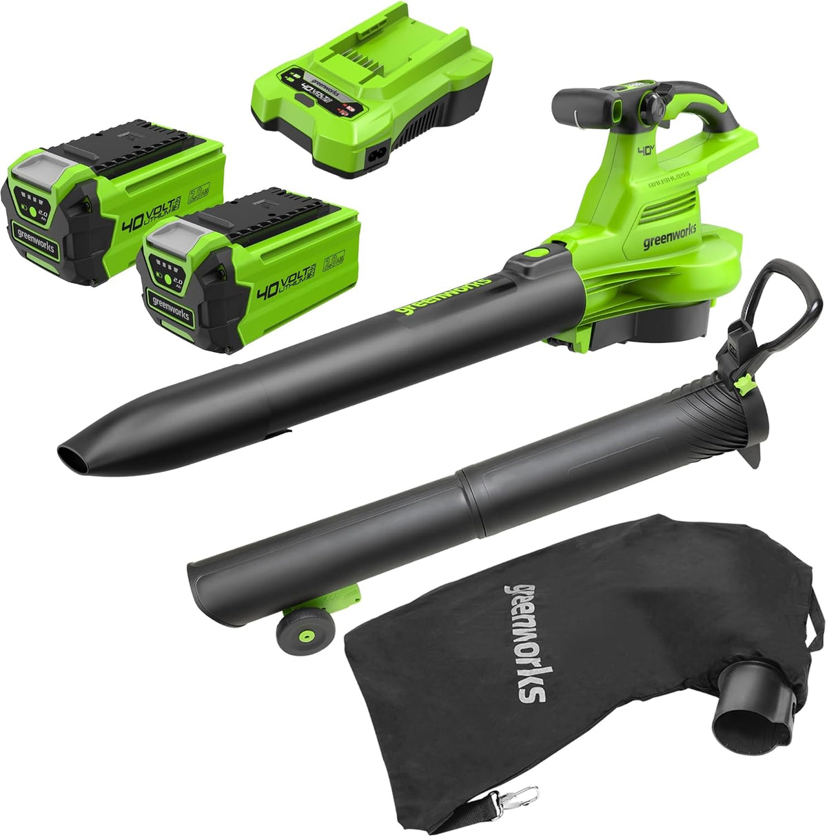 Greenworks, Soffiatori per foglie, GD40BVIIK2X, 40 V, 14.17 m, 45 L, Nero