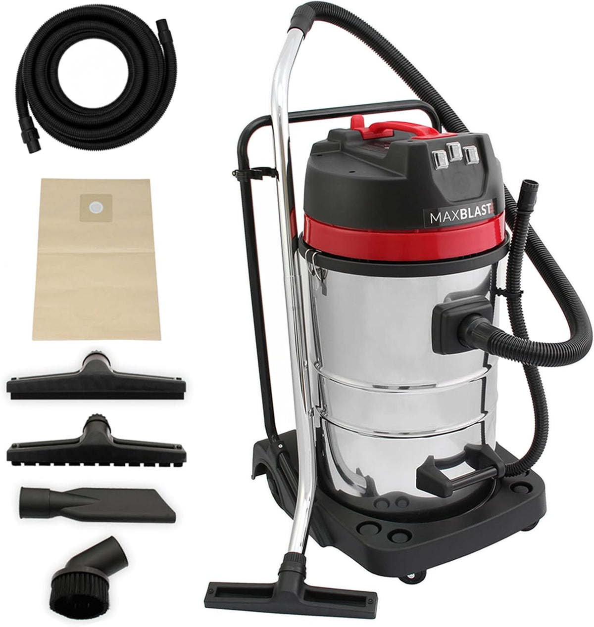 MAXBLAST, Aspirapolvere, 80 L, 5 m, 3000 W, Argento, acciaio inox