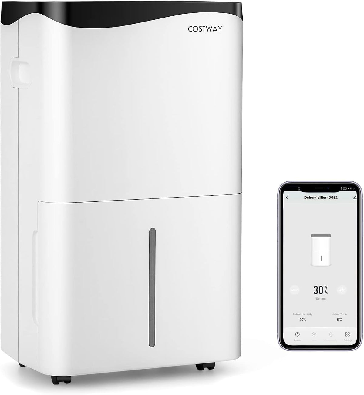 COSTWAY, Deumidificatore, 50 L, 46 dB, 100 cm, Bianco, illuminazione LED, Wi-Fi, timer, spegnimento automatico