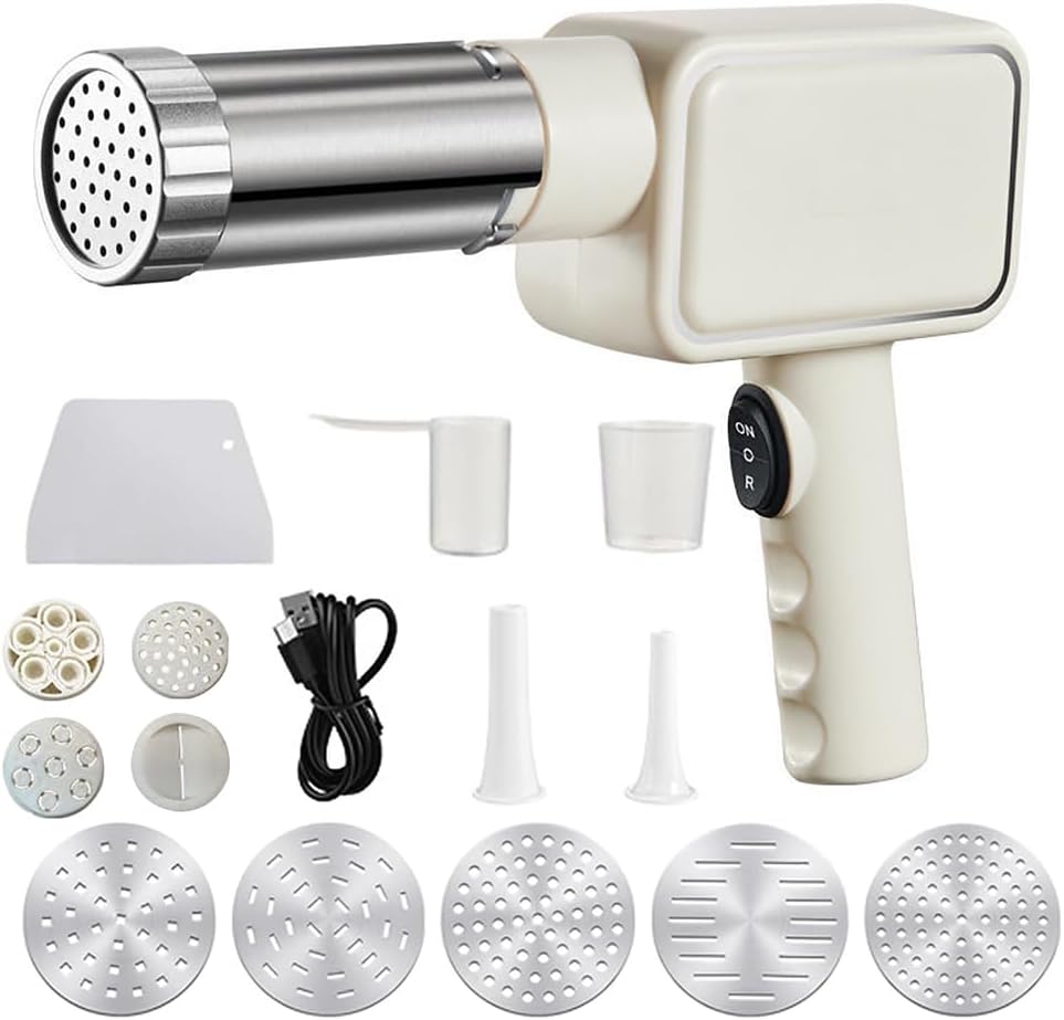 RXRENXIA, Macchine per la pasta elettriche, 200 g, 11.1 V, 50 W, Argento, acciaio inox, funzionamento senza fili, 5 in 1